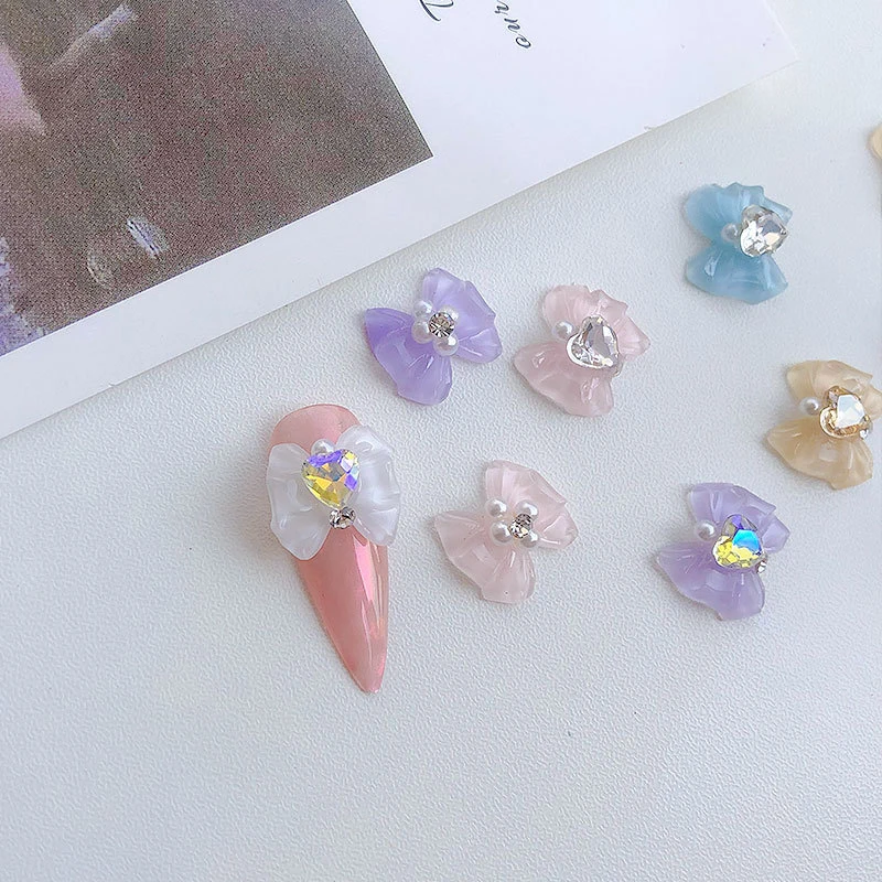 Heart Rhinestone Nail Bow Charms 10pcs Ice Transparent Crystal  Bowtie Jewelry 14*13mm Love Diamond Resin Ribbon Gems for Nails