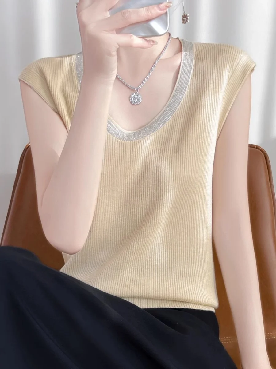 Ele Strick-Trägerweste für Damen, Sle, schlankmachend, rund, Ne Frühling 2025, Neuankömmling, luxuriöse Strass-Textur