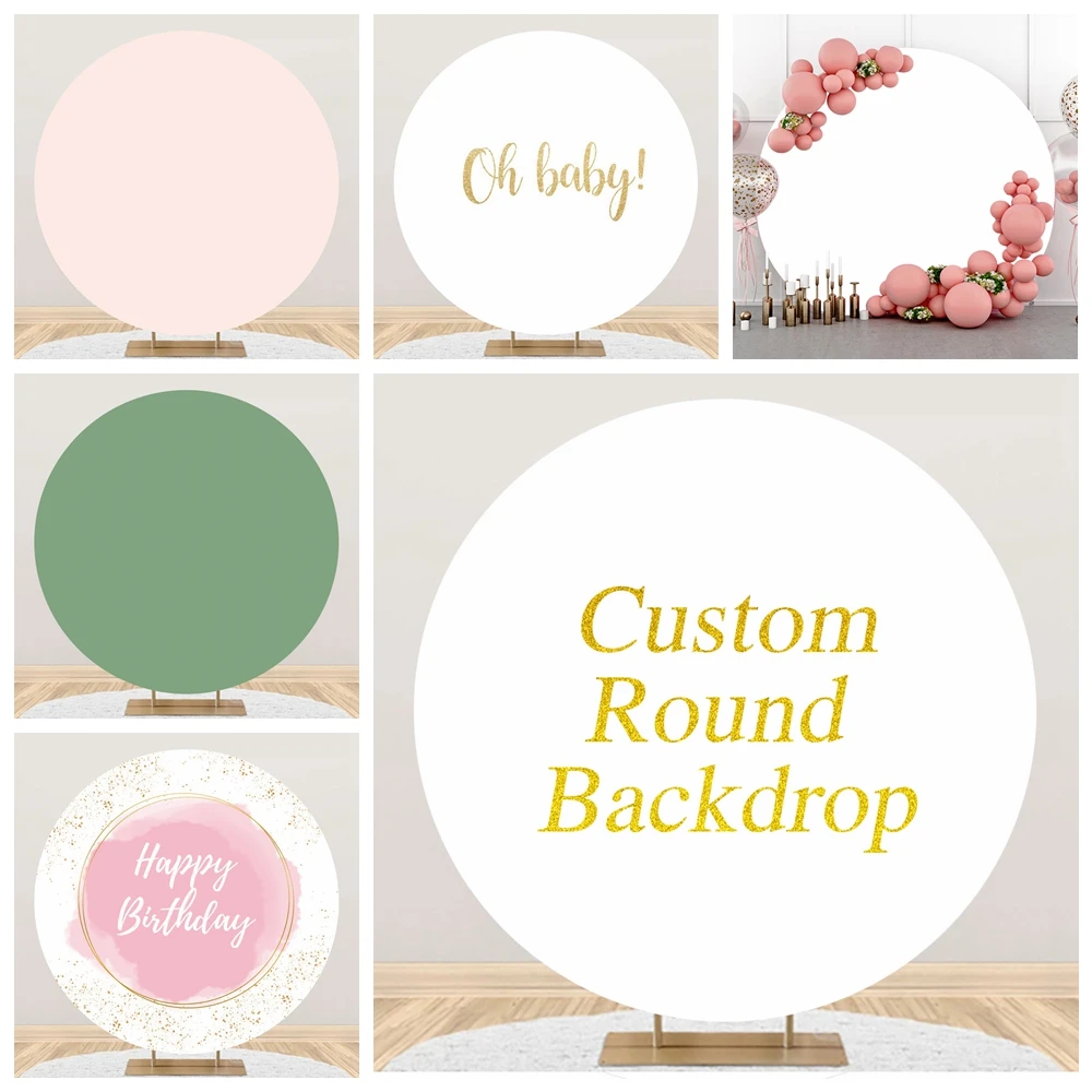 Personalized Round Backdrop White Solid Color Circle Cover Wedding Birthday Party Baby Shower Custom Background Banner Elastic