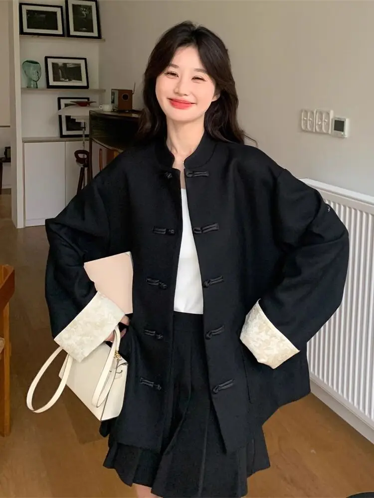 Korean Black Blazer Jackets,Women Clothing ,2024 New,Chinese Style Patchwork Buckle Loose Blazers Suit Coats, Office Lady Tops