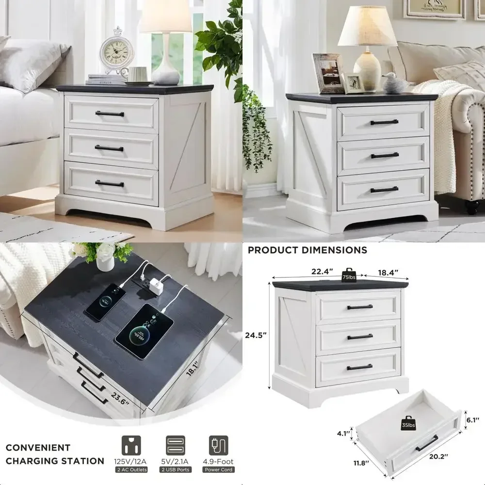 

Горячая распродажа: Прикроватная тумба в стиле фермерского дома, 22 дюйма, с зарядной станцией и 3 ящиками