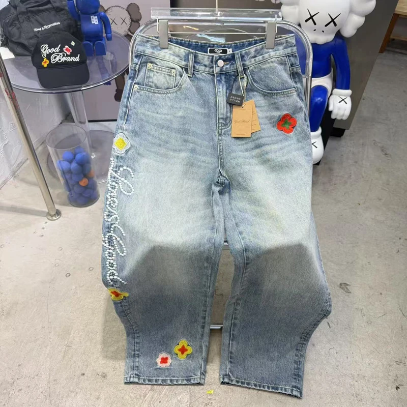 

Новое осеннее поступление, джинсы GOODBRAND, брюки для мужчин и женщин, уличная одежда, прямые джинсовые брюки с цветочной вышивкой