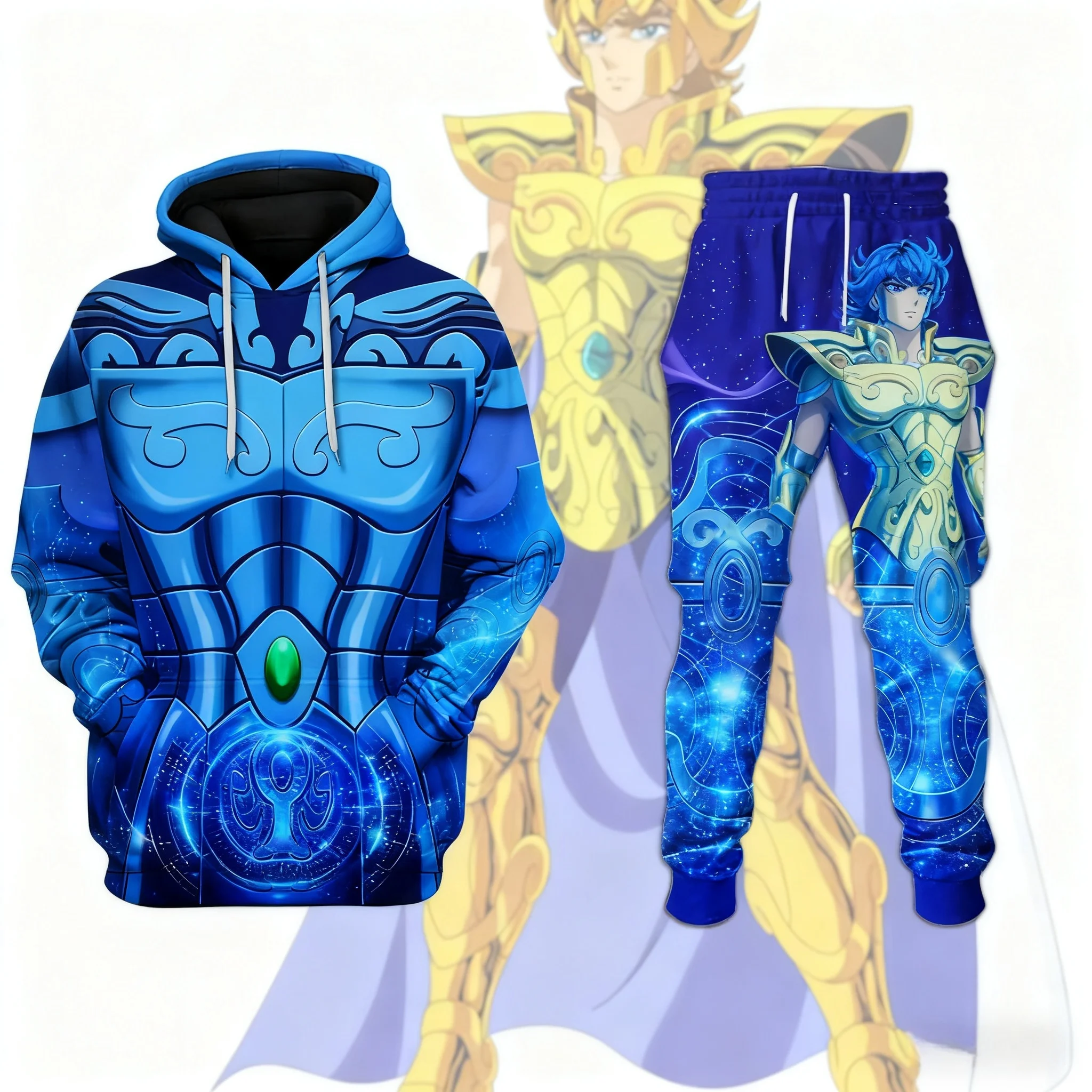 Cosplay anime saint seiya impressão hoodies calças conjuntos 3d rua harajuku conjuntos de treino esportes masculinos ternos de corrida de duas peças