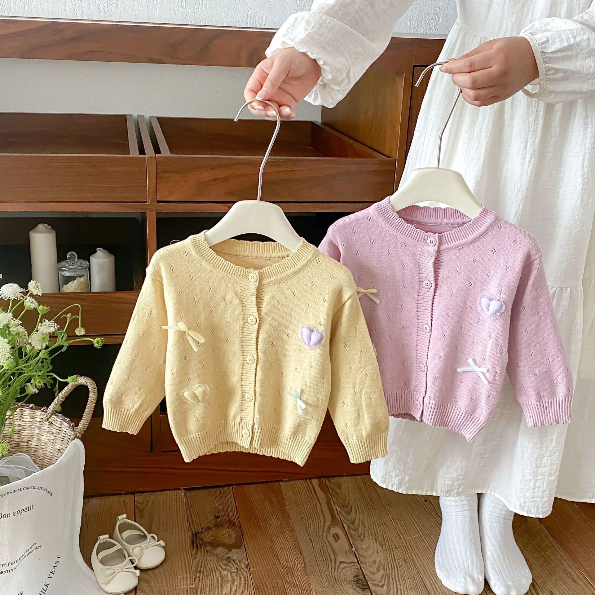 2026 Autumn New Girls Long Sleeve Knitted Cardigan Baby Girl Cute Heart Bow Sweater Coat Infant Toddler Casual Knitwear