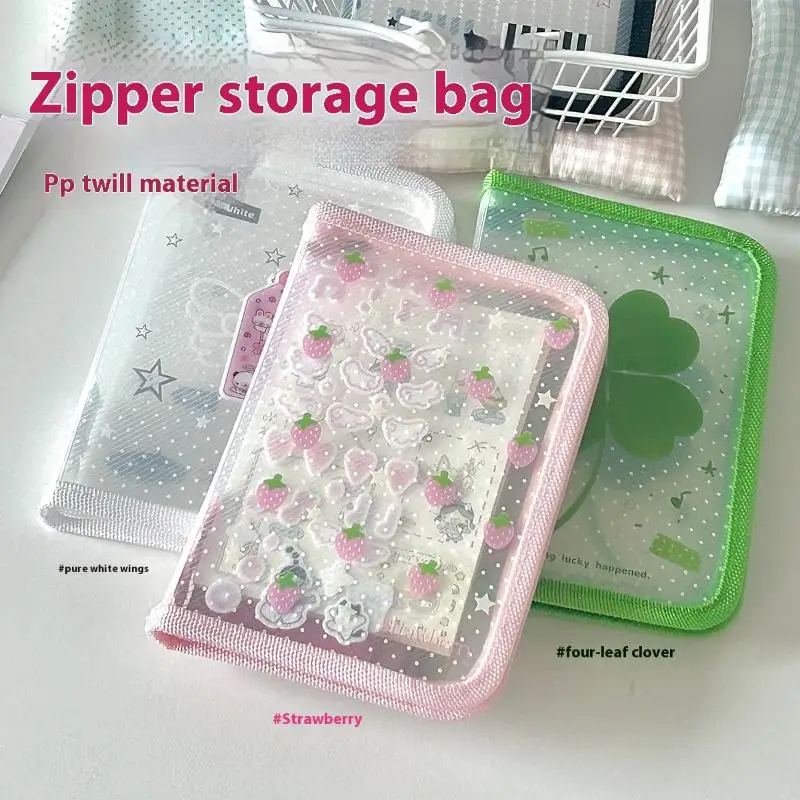 

Cute Clover Strawberry Wings Stationery Storage Folder A6 Twill Zipper Pouch Document Bag Zip File Folder School Office Supplies