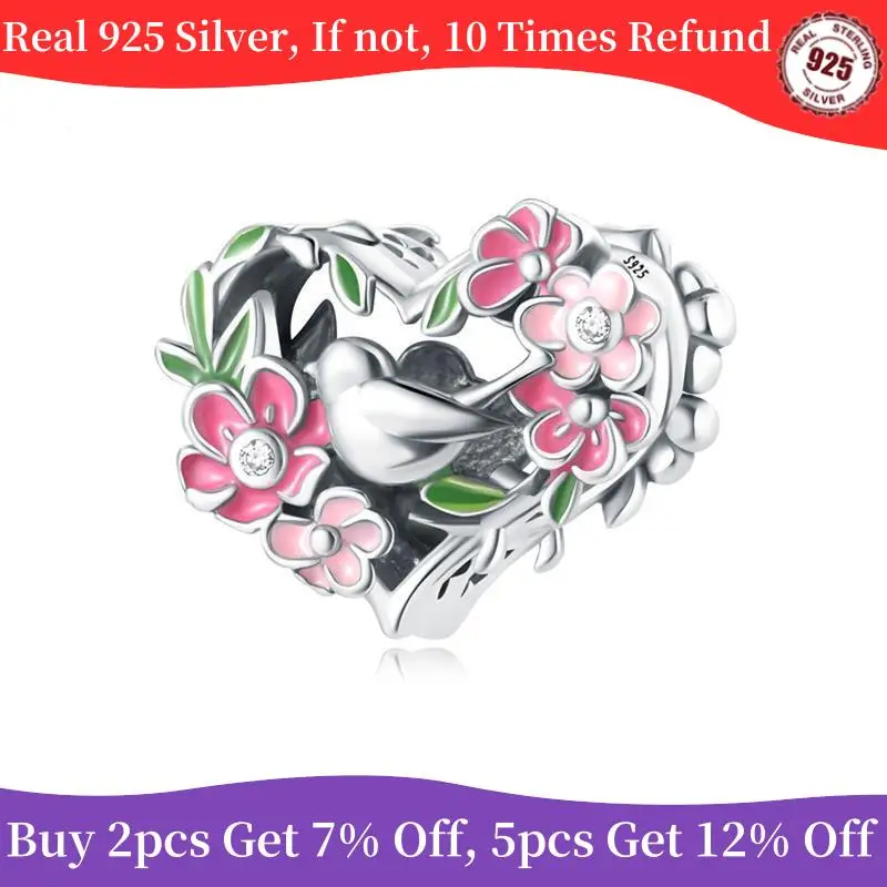 Real 925 Sterling Silver Heart Beads Flowers And Birds Charms Bead Pendant Fit Original Diy Bracelet Necklace Silver Jewelry