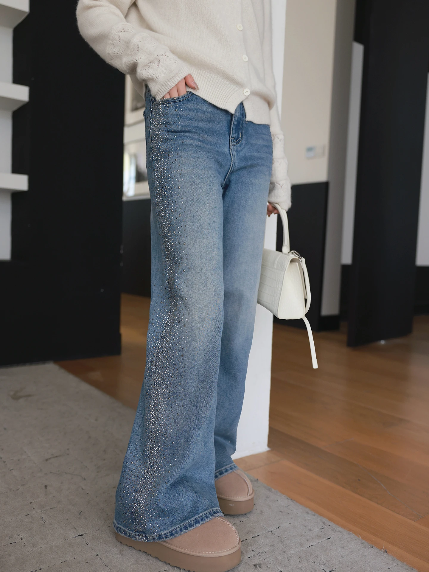 

Женские джинсы Old Yang с высокой талией, расклешенные, на флисовой подкладке, плотные, повседневные, из хлопка, эластичные, зимние