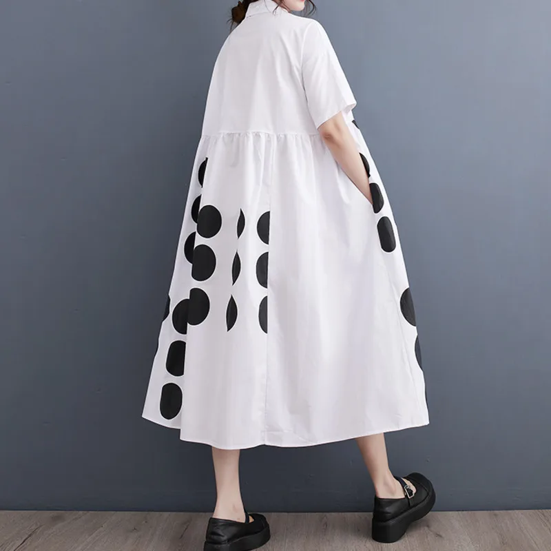 # 3857 Black White Polka Dot Printed Shirt Dress Women Polo Neck Vintage Loose A-line Midi Dress Woman Short Sleeve Summer 2024