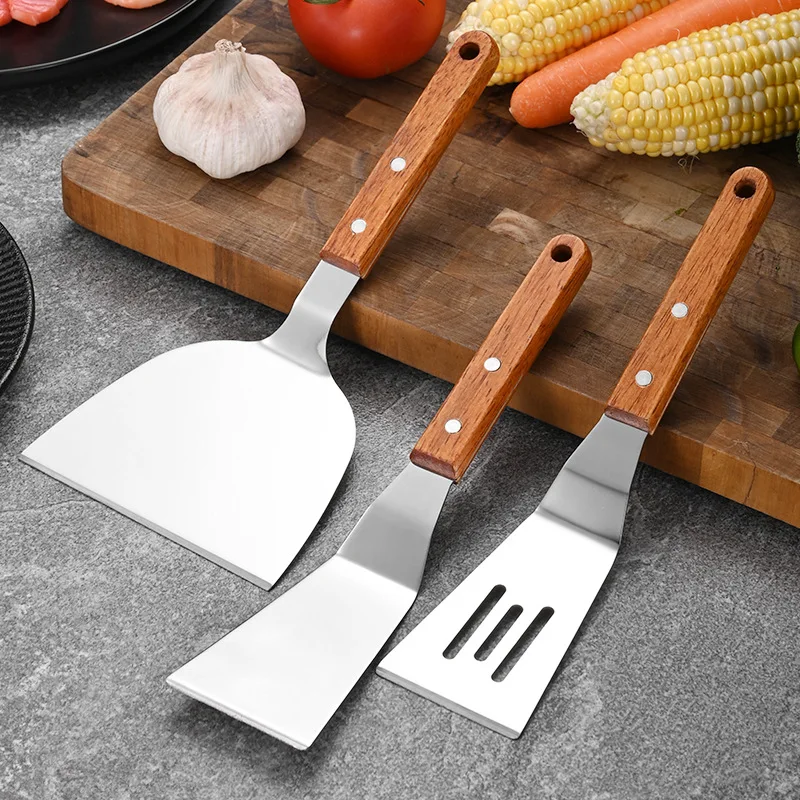 Stainless Steel Wooden Handle Cooking Spatula Steak Egg Pancake Frying Shovel Pizza Shovel Kitchen Accessories