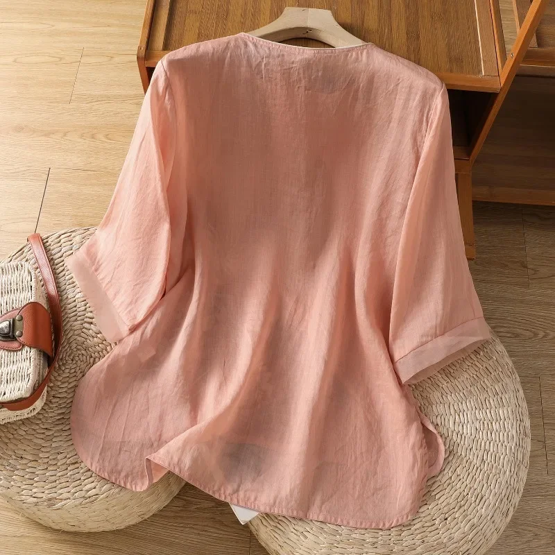 Blusas de estilo chino para mujer, camisas bordadas, ropa holgada de verano a la moda, Tops coreanos de lino y algodón de manga corta para mujer