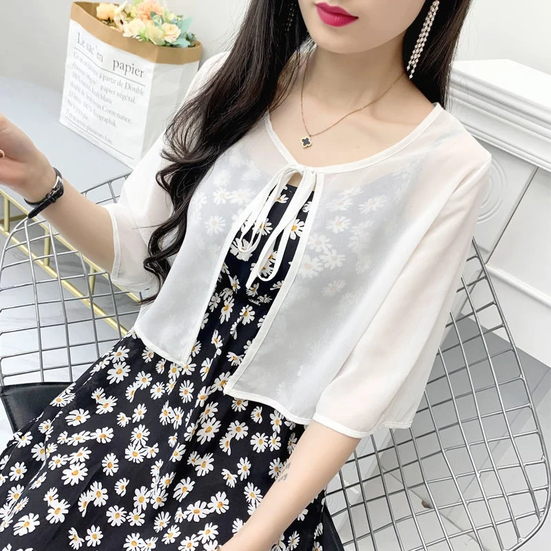 

Women's ort Thin awl Cardigan Summer Sun Protection Clothing Korean Sle round Ne Lace irt Pure Color Commute Faion