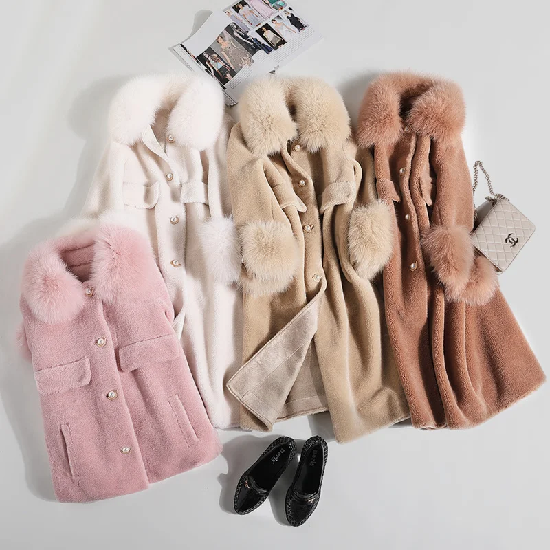 

Autumn Winter Fur Collar Sheep Sheared Coat Women's Medium Length Fur Coat Composite Fur 2019