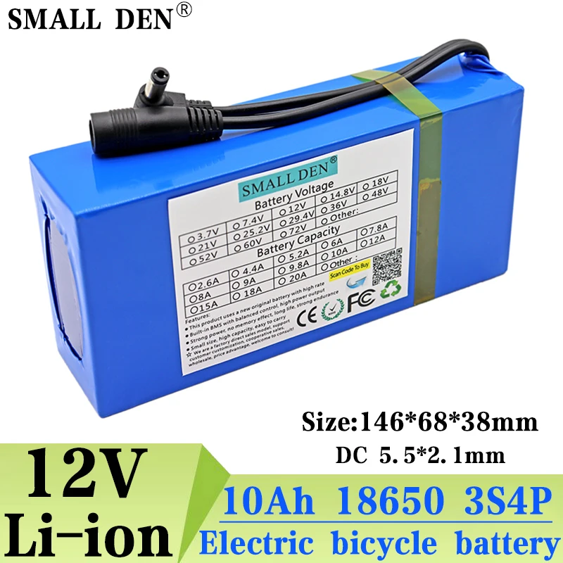 12V 10Ah 18650 Lithium Battery Pack 3S4P Rechargeable Battery with BMS 12.6v Charger for Fishing Large Capacity Battery