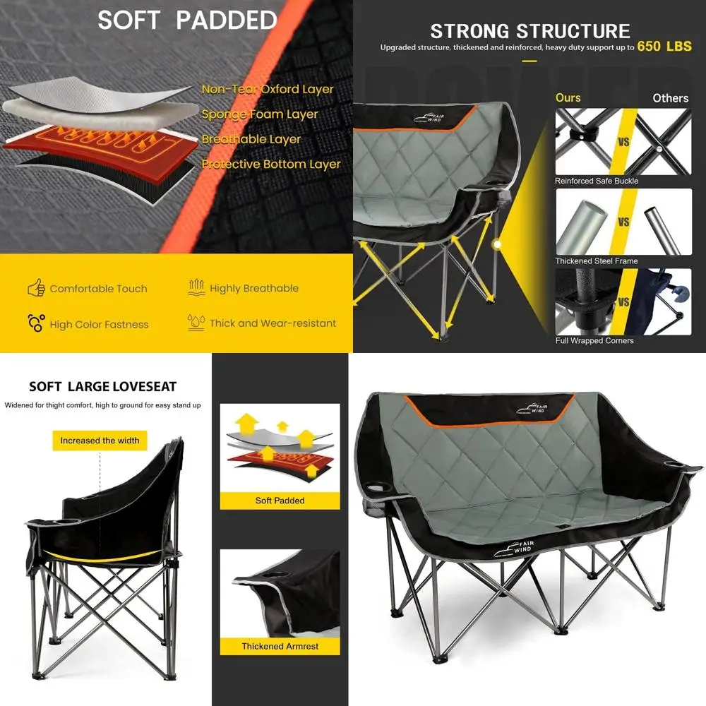 

Увеличенное раскладное кресло-диван для кемпинга с полной подкладкой, двухместное, сверхпрочное, четырехсекционное, с подставкой для стакана