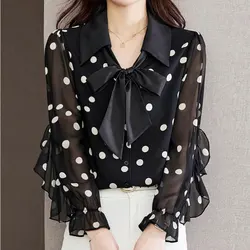 Commute Polka Dot Printed Shirt Casual Ruffles Spliced Female Clothing Single-breasted Spring Polo-Neck Drawstring Bow Blouse