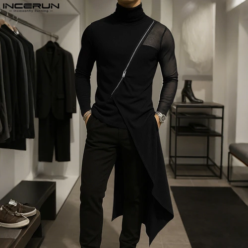 Imagen 1 del producto INCERUN, camiseta Irregular para hombre, camiseta de malla de retales con cuello alto, camisetas de manga larga con cremallera, ropa de calle para hombre, ropa transparente 2025