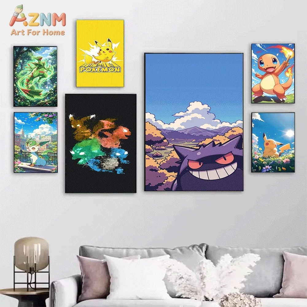 AZNM Anime Pokemon Canvas Wall Print Cynthia Charmander Pikachu Gengar Sceptile Unframed Canvas Art Poster For Bedroom Home Wa