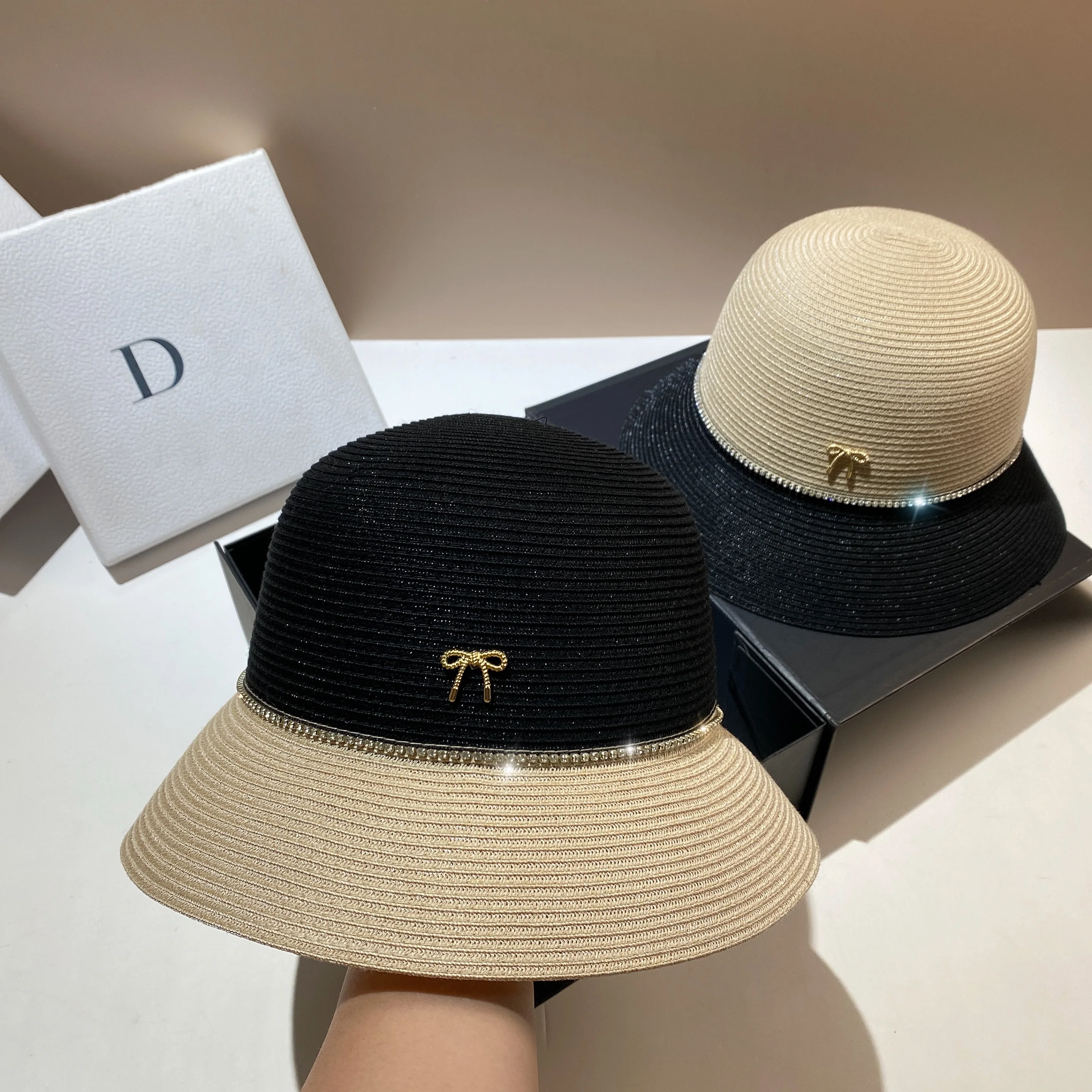 New color block bow pot hat summer high quality washed folding PP woven straw hat outdoor resort rhinestone sunhat