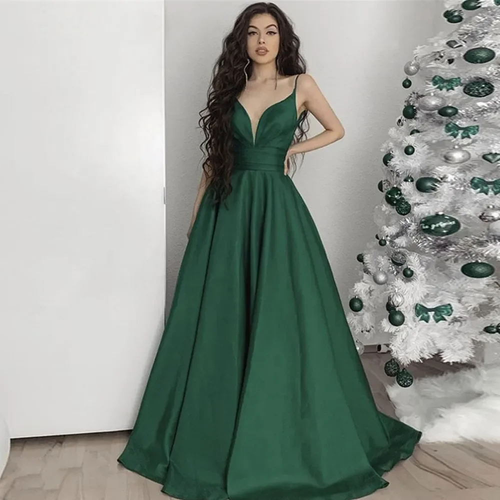 Emerald Green Spaghetti Strap Evening Dresses Women 2024 V Neck A Line Long Prom Gowns Sweep Train Females Vestidos De Fiesta