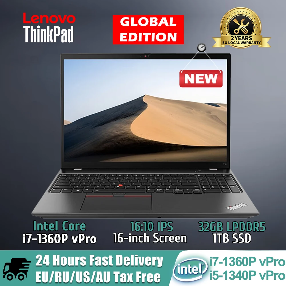 Lenovo Laptop ThinkPad T16 2023 13. i5-1340P vPro/i7-1360P vPro HUD/Xe 16G/32GB RAM + 512GB/1T SSD 16-Zoll FHD IPS Notebook PC