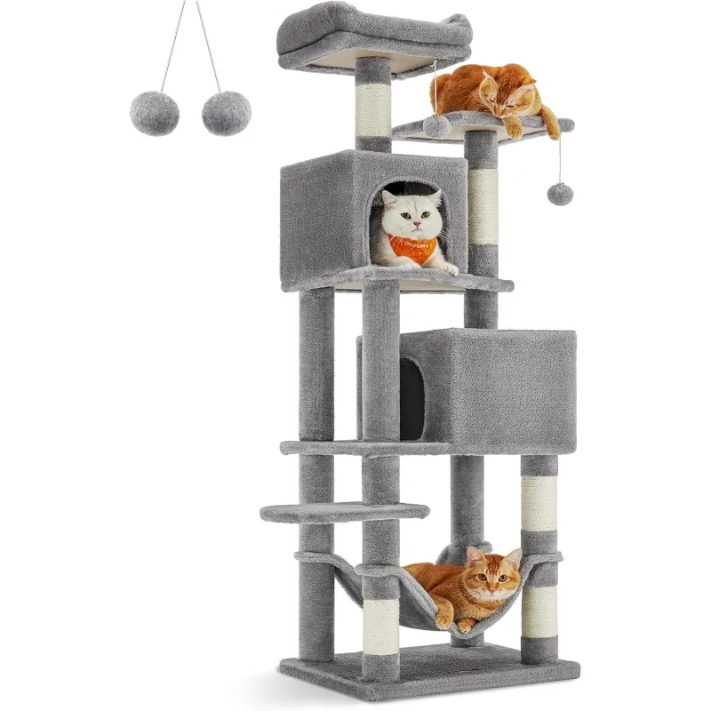 Cat Tree, 61-Inch Cat Tower for Indoor Cats, Plush Multi-Level Cat Condo with 5 Scratching Posts, 2 Perches, 2 Caves, Hammock,