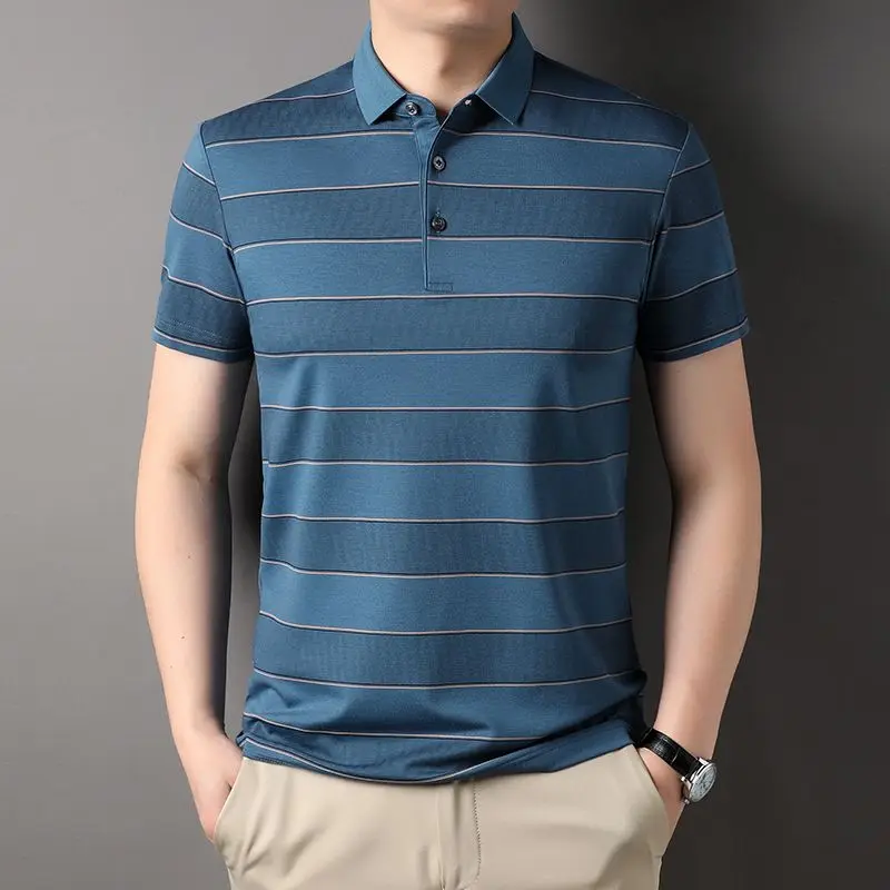 Fashion Men Short Sleeve Striped Polo Shirts Summer Social Business Male Clothes Loose Lapel Korean Streetwear Cotton Casual Top