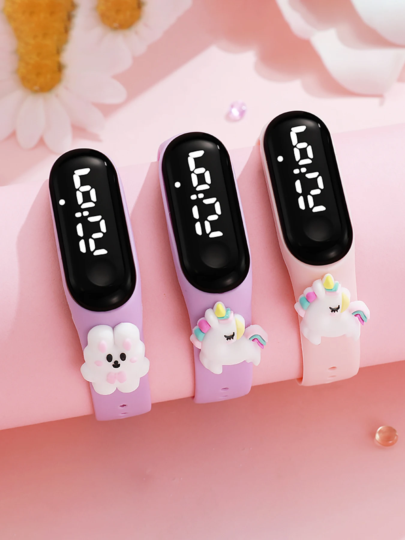 

Милые детские LED-часы с мультяшным дизайном, 3D-декор в виде единорога и кролика, силиконовый ремешок, водонепроницаемые электронные наручные часы для девочек