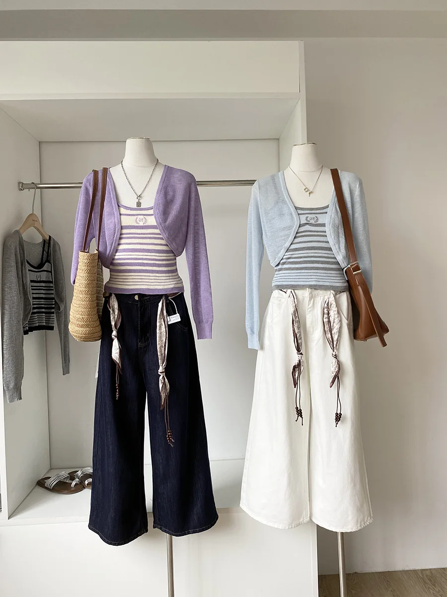 

2025 Summer New Korean Style Dopaamine Versatile Knitted Open Cardigan Design Striped Color Block Women's Tank Top Set
