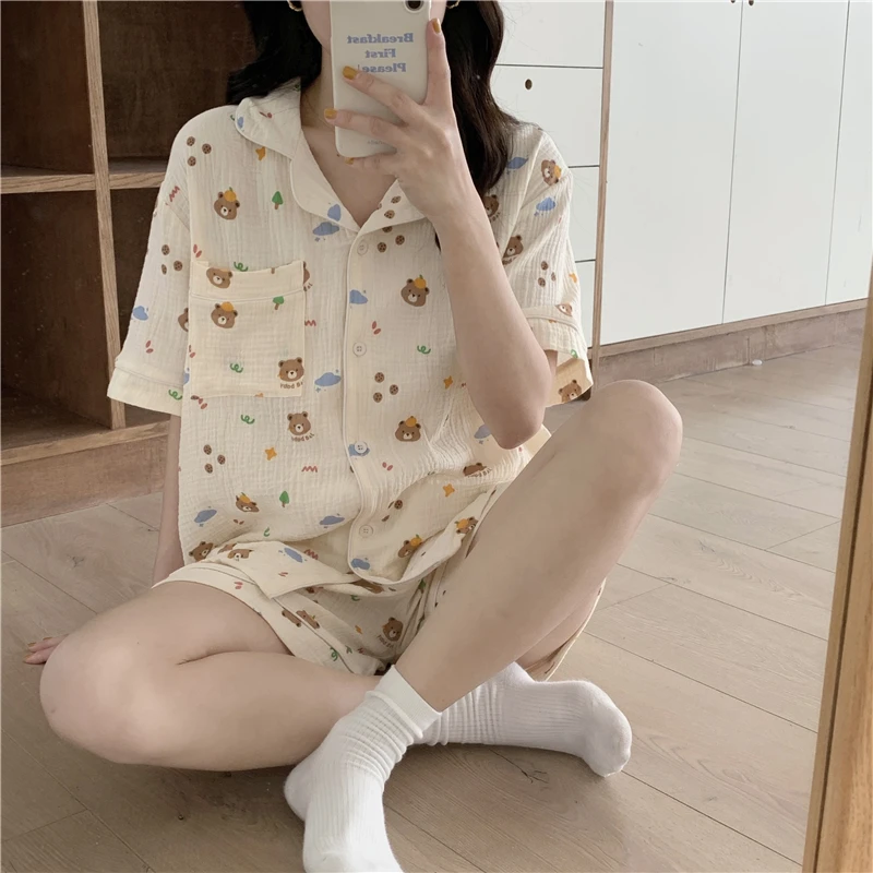 Kawaii Bear Print Summer Pajamas Set Women Single Breasted Shirts + Shorts Suit Cotton Cartoon Two Piece Pajamas Set Ins