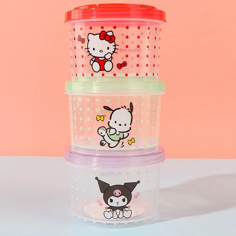 3Pcs MINISO Sanrio Hello Kitty Kuromi Cinnamoroll Crisper 260ML Kawaii Cartoon Circular Superposition Mini Lunch Box Girl Gifts