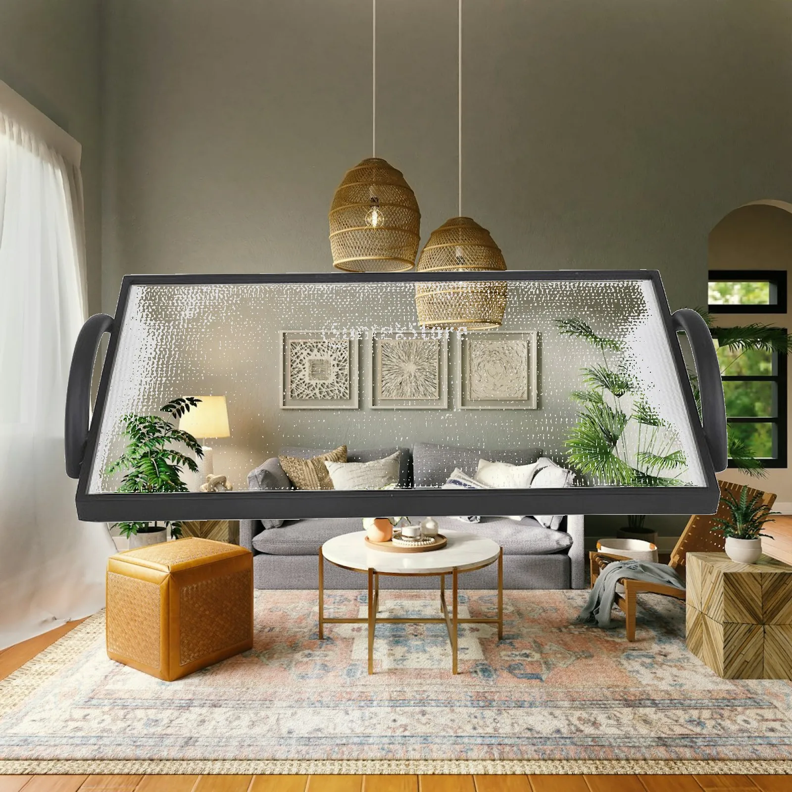 Aroma Decorative Tray for Living Room Centerpiece with Metal Frame and Leather Surface Rectangular Tray for Diffuser Display and