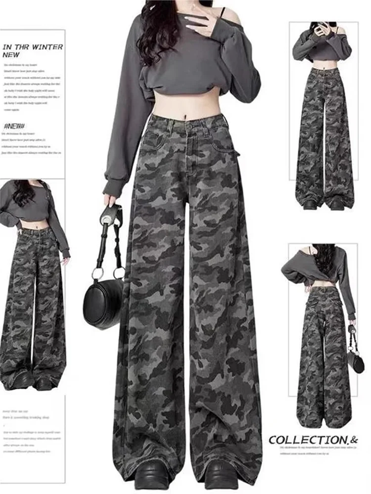 

American Style Retro Wide Leg Camouflage Jeans Women's High Waist Loose Fit Straight Leg Slimming Floor-Length Pants
