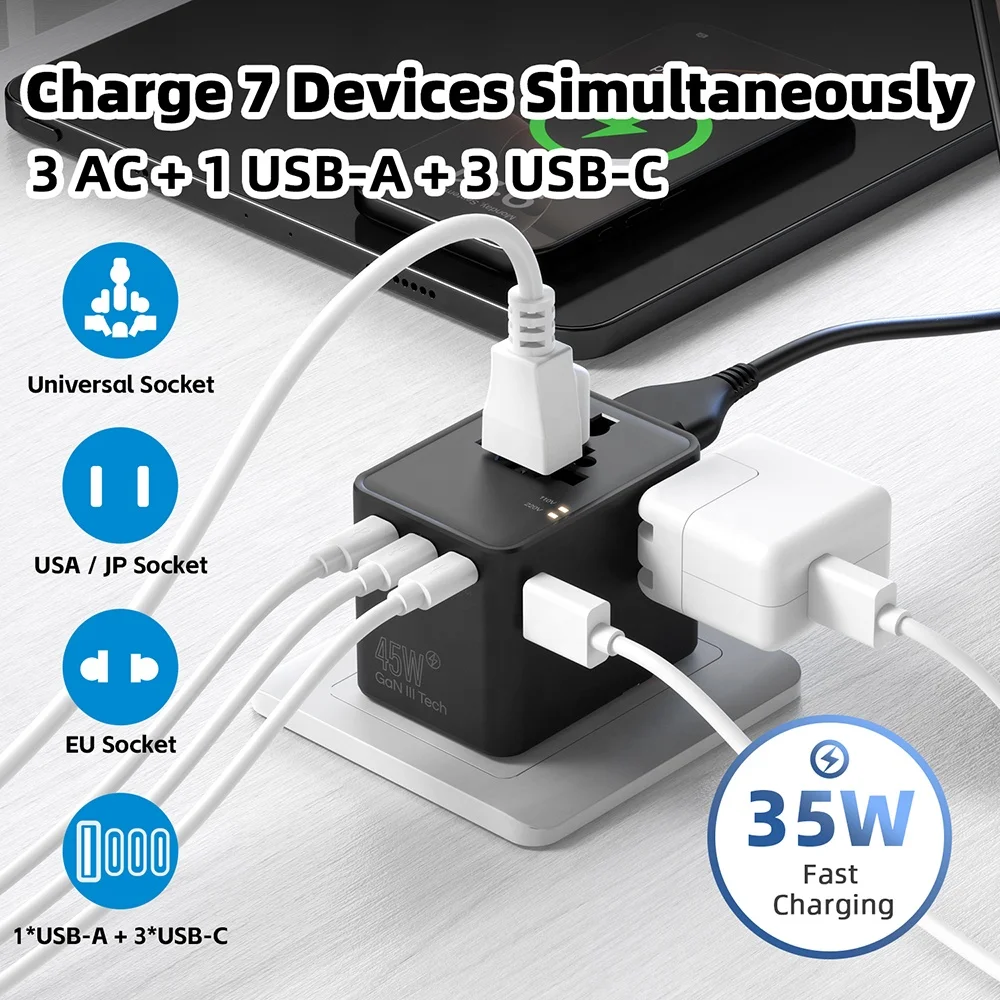 Custom Logo Multi-Nation Use GaN 35W Worldwide Charger Power Adaptor Universal Travel Adapter Plug Socket