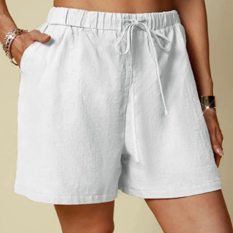 กางเกงขาสั้นผ้าฝ้ายและผ้าลินินสีพื้นทรงหลวมสบายเอวยางยืดผูกเชือกสำหรับผู้หญิงรุ่นใหม่ประจำฤดูร้อน