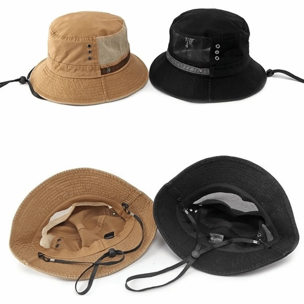 Casual Washed Cotton Bucket Hat Snap Button Solid Color Sun Cap With Windproof Rope Spring Summer Hat Men And Women