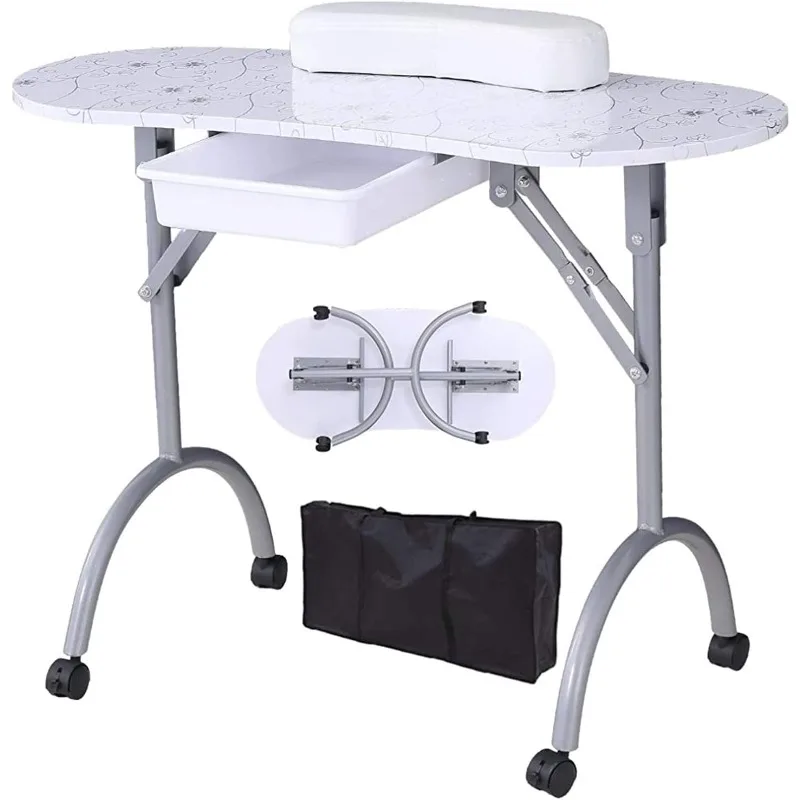 30“H Manicure Nail Table, Portable & Foldable Nail Desk Workstation with Large Drawer/Client Wrist Pad