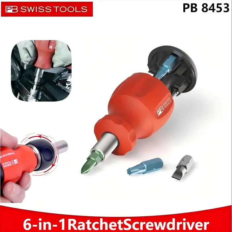 

PB SWISS TOOLS 8453 6-in-1 Ratchet Stubby Screwdriver - Quick-Change Bit, Integrated Holder, Compact for DIY/Pro Use