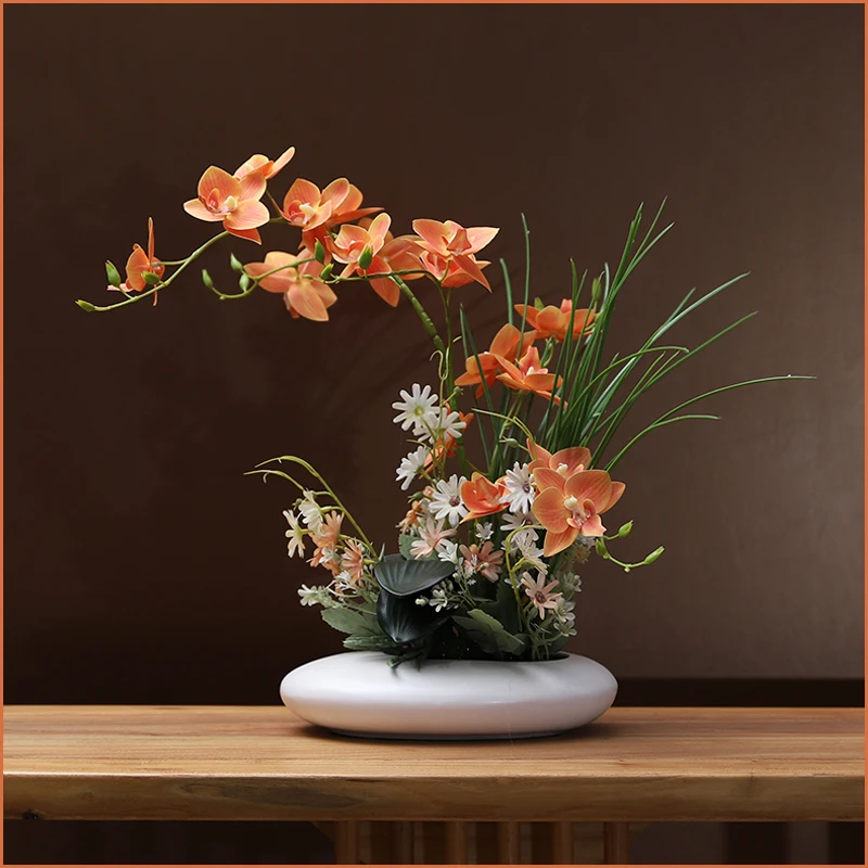 xx-Modern Ceramic Vase Orchid Simulation Flower Figurines Home Livingroom Furnishing Crafts Cafe Table Fake Flower Decoration