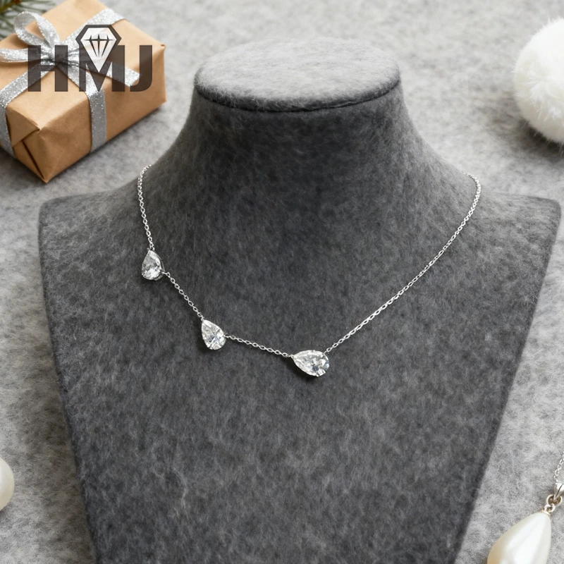 

Simple Necklaces Three Pear Shape Moissanite Diamond 925 Sterling Silver Stackable Link Chain Christmas Gifts Hypoallergenic