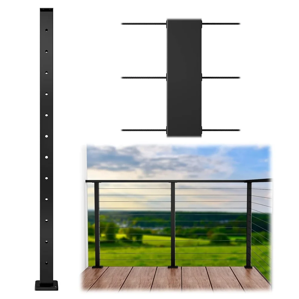 Black Cable Railing Post 42 Inch T304 Stainless Steel Pre-Drilled Surface Mount Structural End Post Level System Kit Indoor