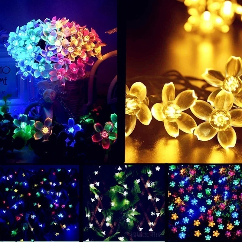 Cherry Blossom Flower Garland String Lights lampada da giardino a batteria solare 50led Fairy Lights Wedding Christmas Outdoor Decors