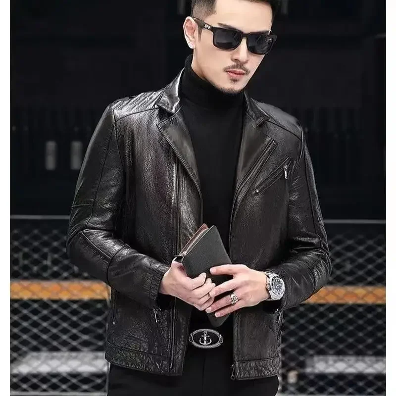 2024 Autumn New Genuine Leather Clothes MenSheepskin Motorcycle Slim Korean Style Suit Collar Leather Jacket Coat