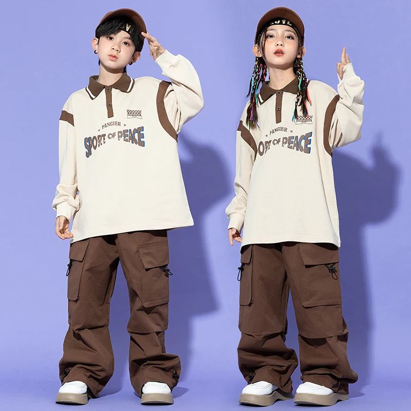 Kids Hip Hop Costume Boys Street Dance Long Sleeves Tops Brown Cargo Pants Girls Jazz Dance Outfit Performance Clothing BL11476