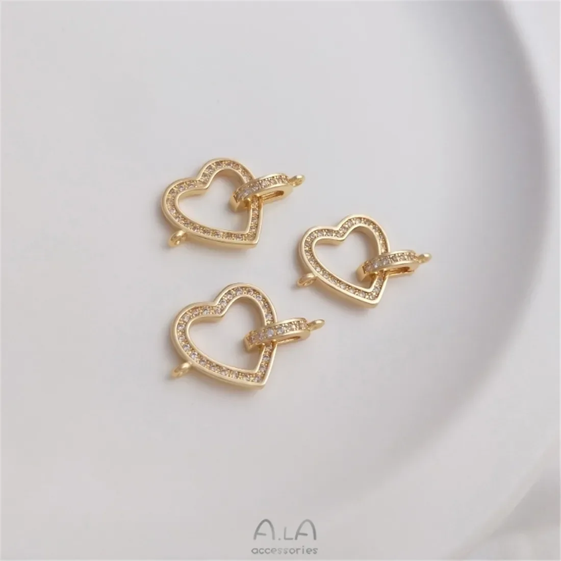 Peach Heart Jewelry Buckle 14K Gold-Color Micro Inlaid Zircon Heart-shaped Pearl Buckle Double Pendant DIY Connecting Buckle