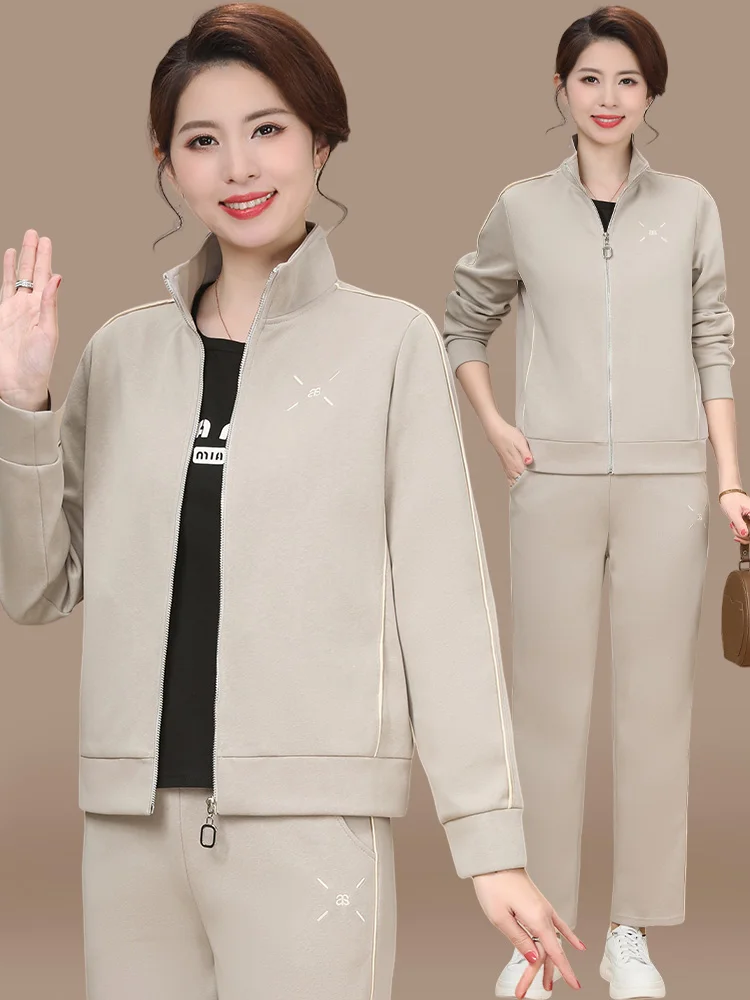 

Midlife Mom Sportswear Set Women's Spring Autumn Large Size Top Tee-piece Set 2025 New Mid-aged Spring Outerwear