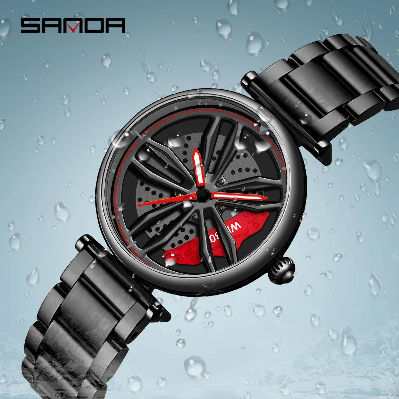 SANDA Fashion Racing Watch Sport Style 360° Rotating Dial Trend Womens Quartz Watch Stainless Steel Strap Waterproof Clock P1074