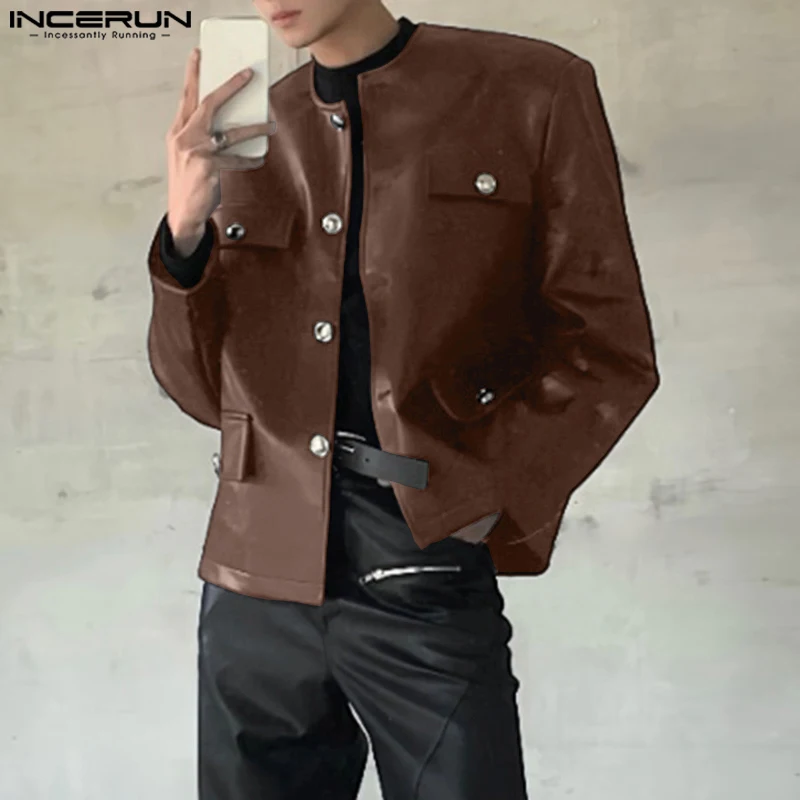 

INCERUN Men Jackets PU Leather Solid Color O-neck Long Sleeve Male Coats Streetwear Button 2025 Fashion Casual Jackets Outerwear