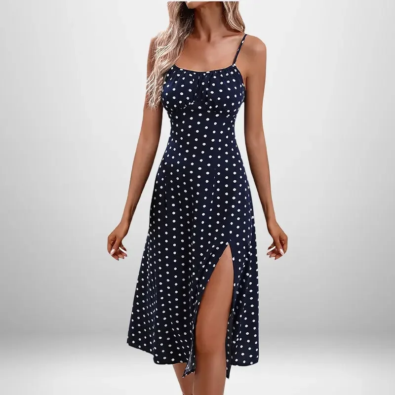 Summer Sexy Spaghetti Straps Dress Women Fashion Polka Dot Print Sleeveless Slit Dress Y2k Boho Casual Beach Midi Dresses Платье