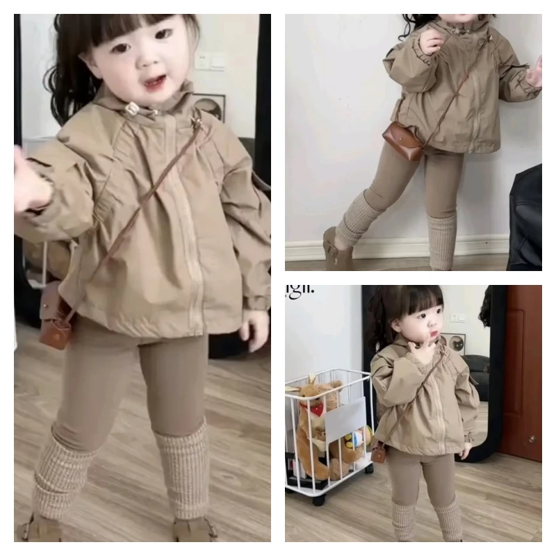 

Лидер продаж, модное пальто для девочек, комплект брюк, весенне-осенний студенческий повседневный топ на молнии с капюшоном, леггинсы, комплект из 2 предметов, детская одежда