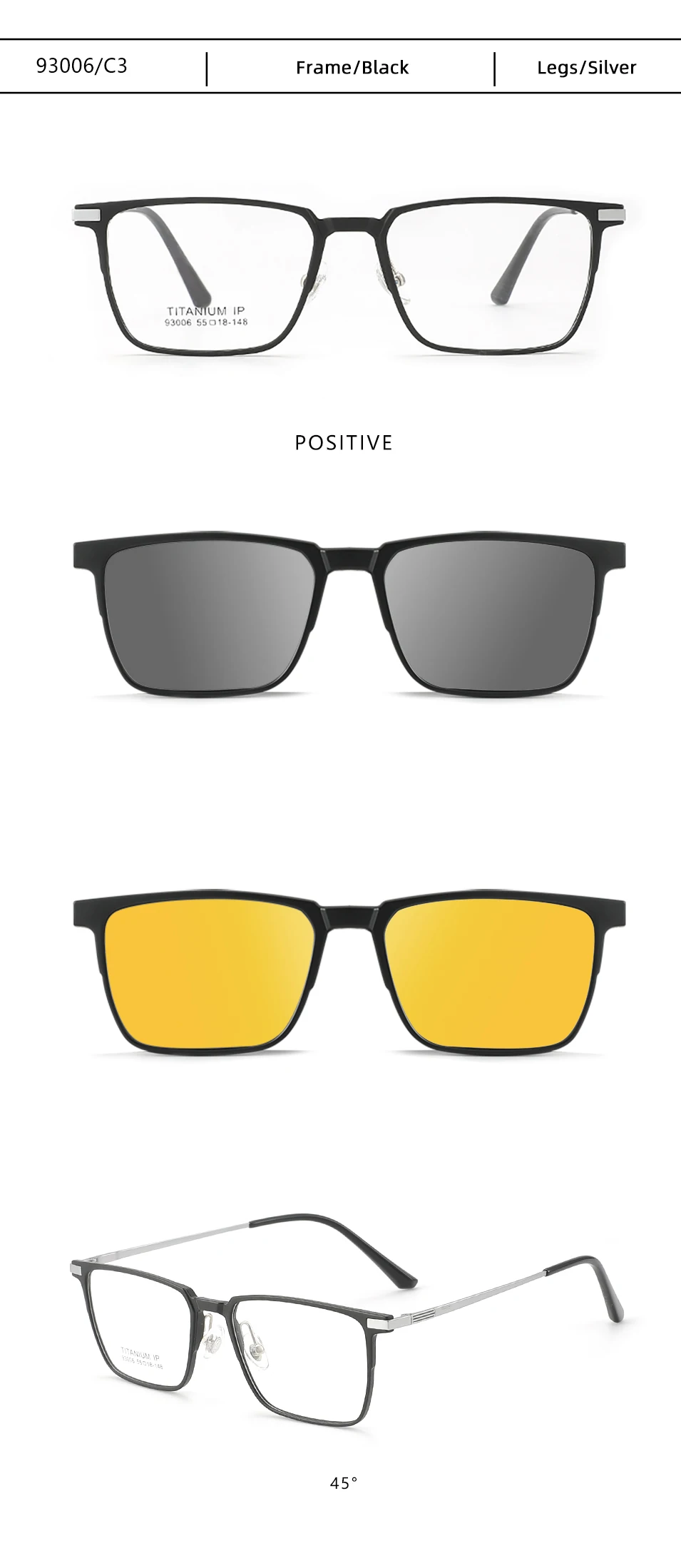 3-in-1-Brillengestell aus reinem Titan mit vollem Rand, quadratisch, für Herren, mit polarisierten Clip-On-Sonnenbrillen und Nachtsicht, Damenbrillen 93006 – Detail 12